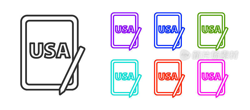 Black line USA United states of america on graphic tablet icon isolated on white background. Set icons colorful. Vector